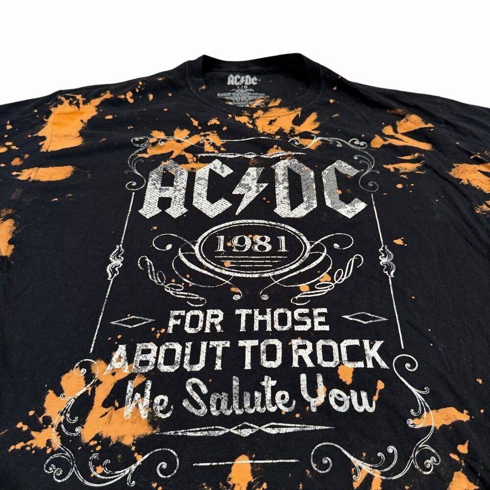 AC/DC T-Shirt Bleached Print Band 80s Mens Large Music Black Short Sleeve - Picture 2 of 6